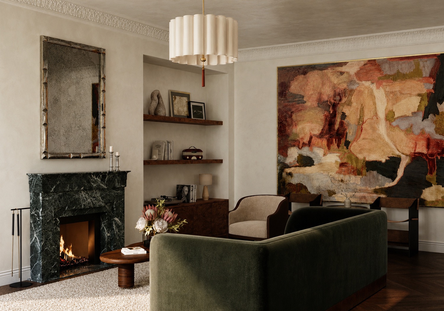 Salon with green marble mantel — Grove Residence